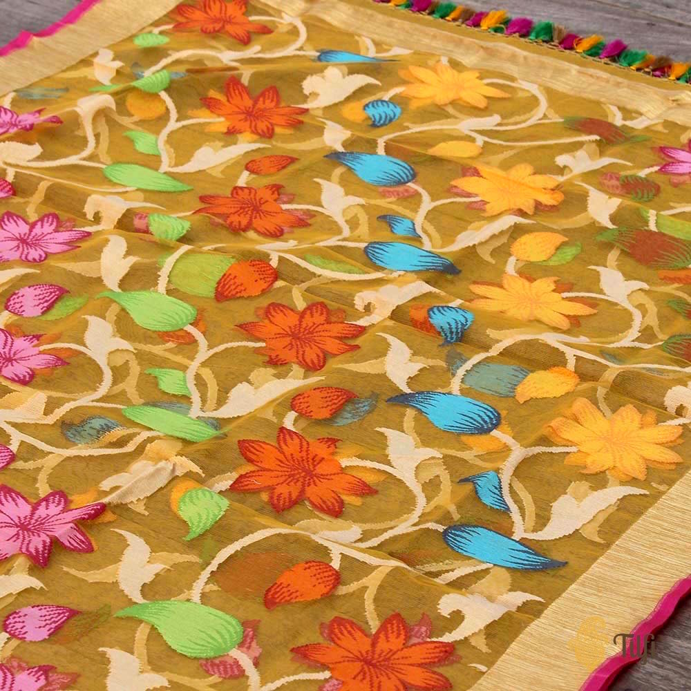 Yellow Pure Kora Net Banarasi Handloom Dupatta