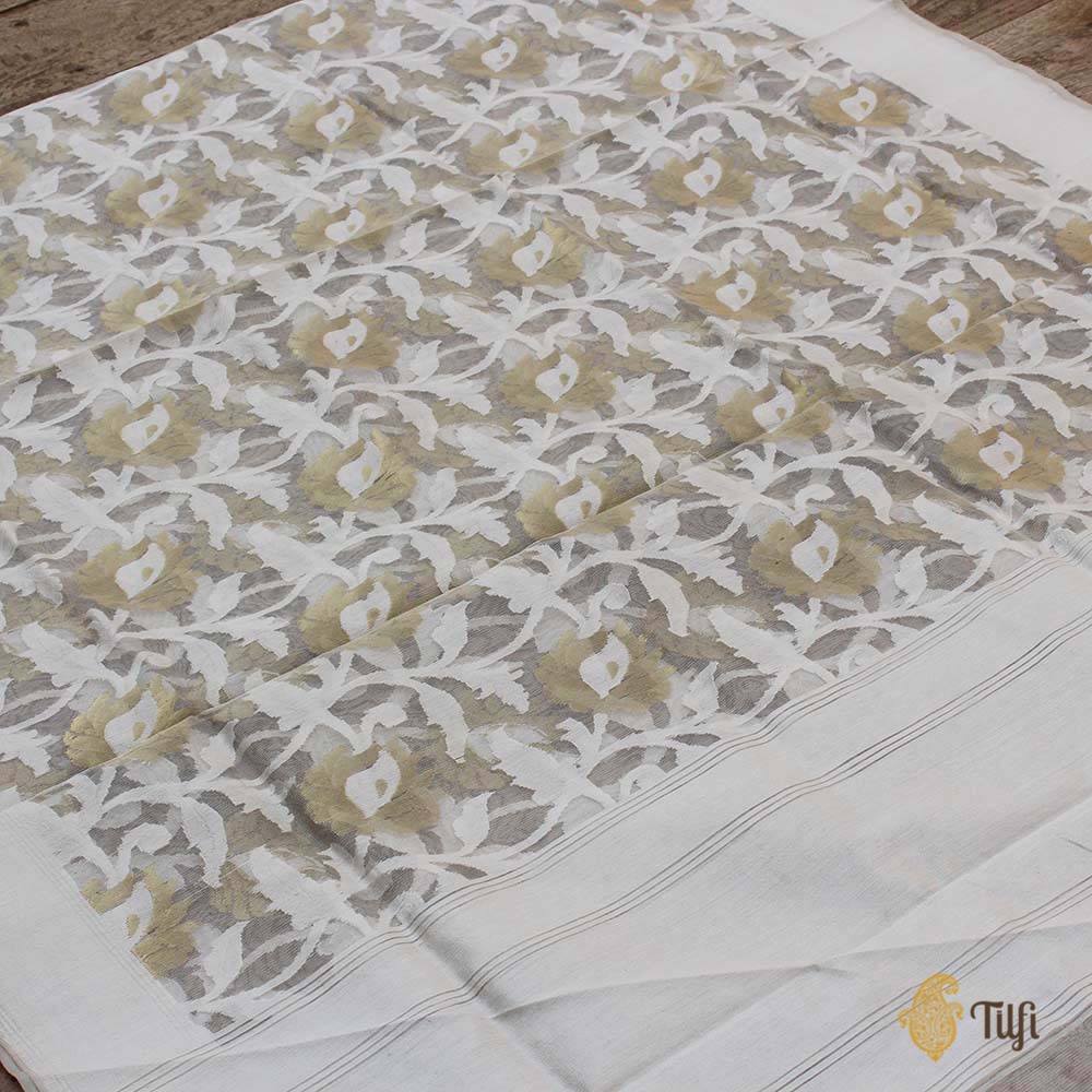 Off White Pure Kora Net Banarasi Handloom Dupatta