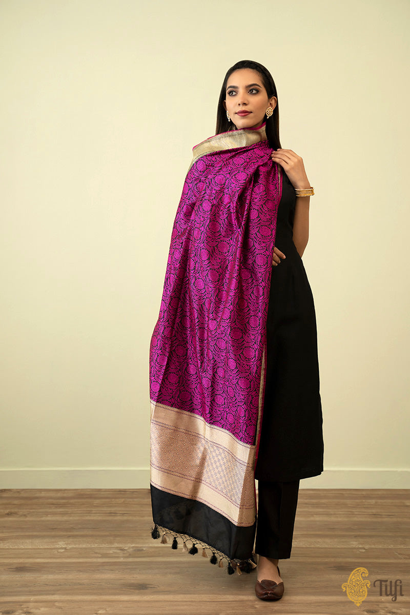 Black-Magenta Pure Katan Silk Banarasi Handloom Dupatta