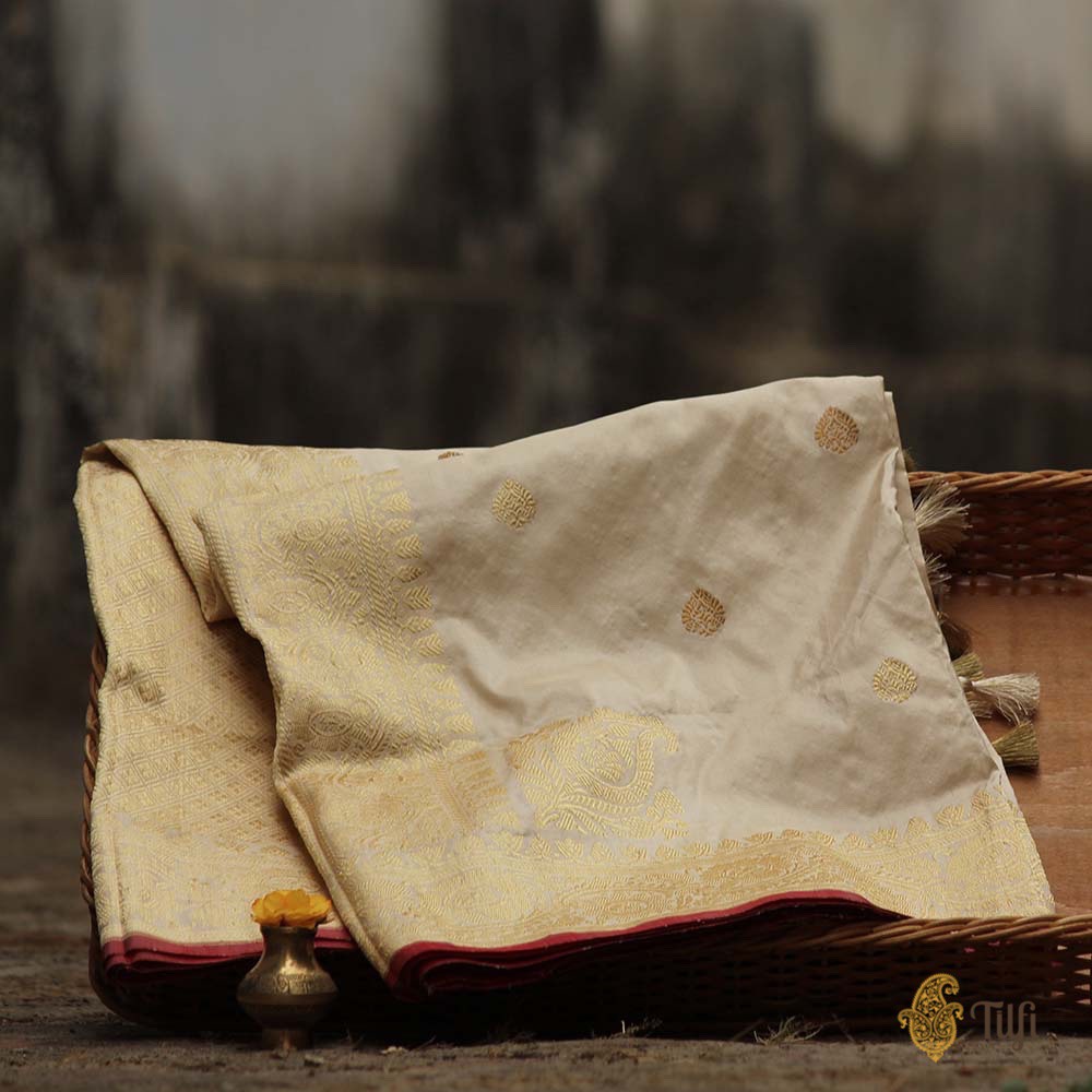 Off-White Pure Katan Silk Banarasi Handloom Dupatta