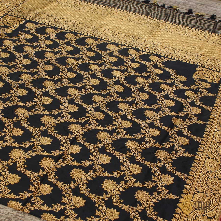 Black Pure Katan Silk Kadwa Jangla Handloom Dupatta