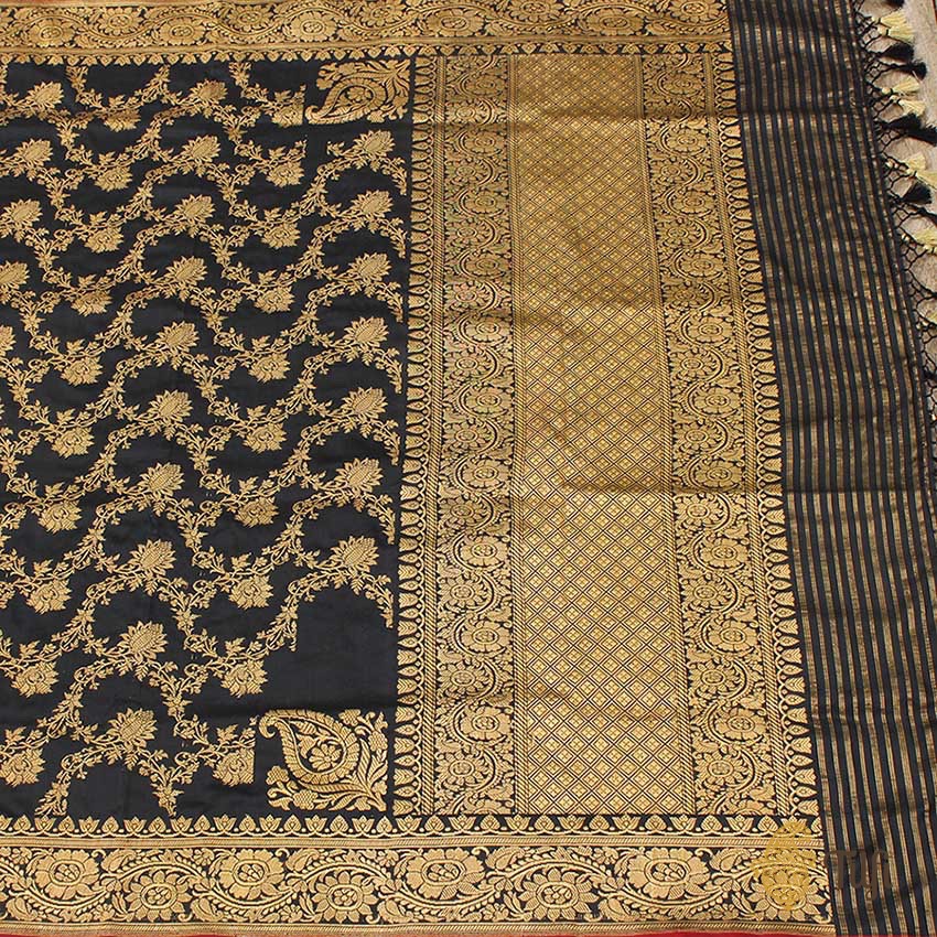 Black Pure Katan Silk Kadwa Jangla Handloom Dupatta