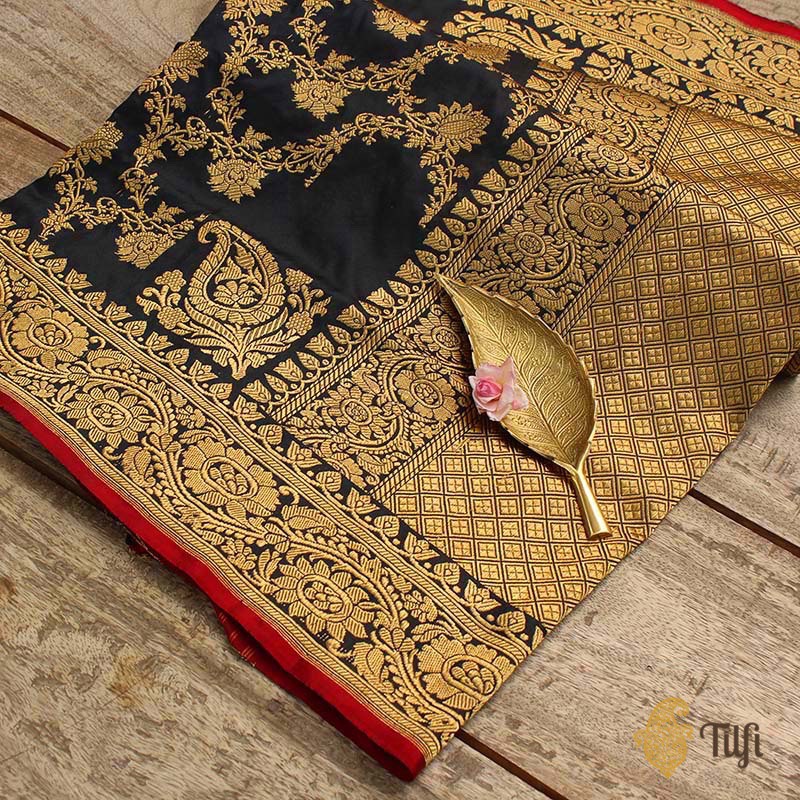 Black Pure Katan Silk Kadwa Jangla Handloom Dupatta