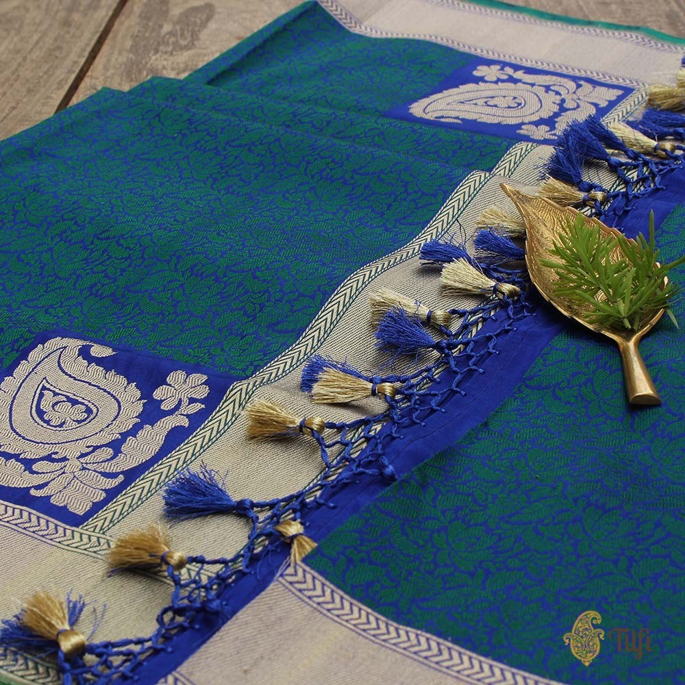 Teal Green- Royal Blue Pure Katan Silk Banarasi Handloom Dupatta