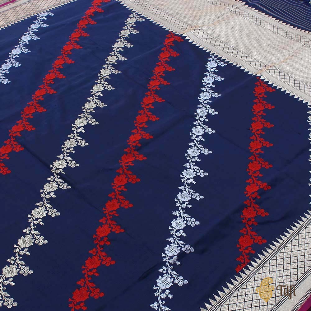 Navy Blue Pure Katan Silk Banarasi Handwoven Dupatta