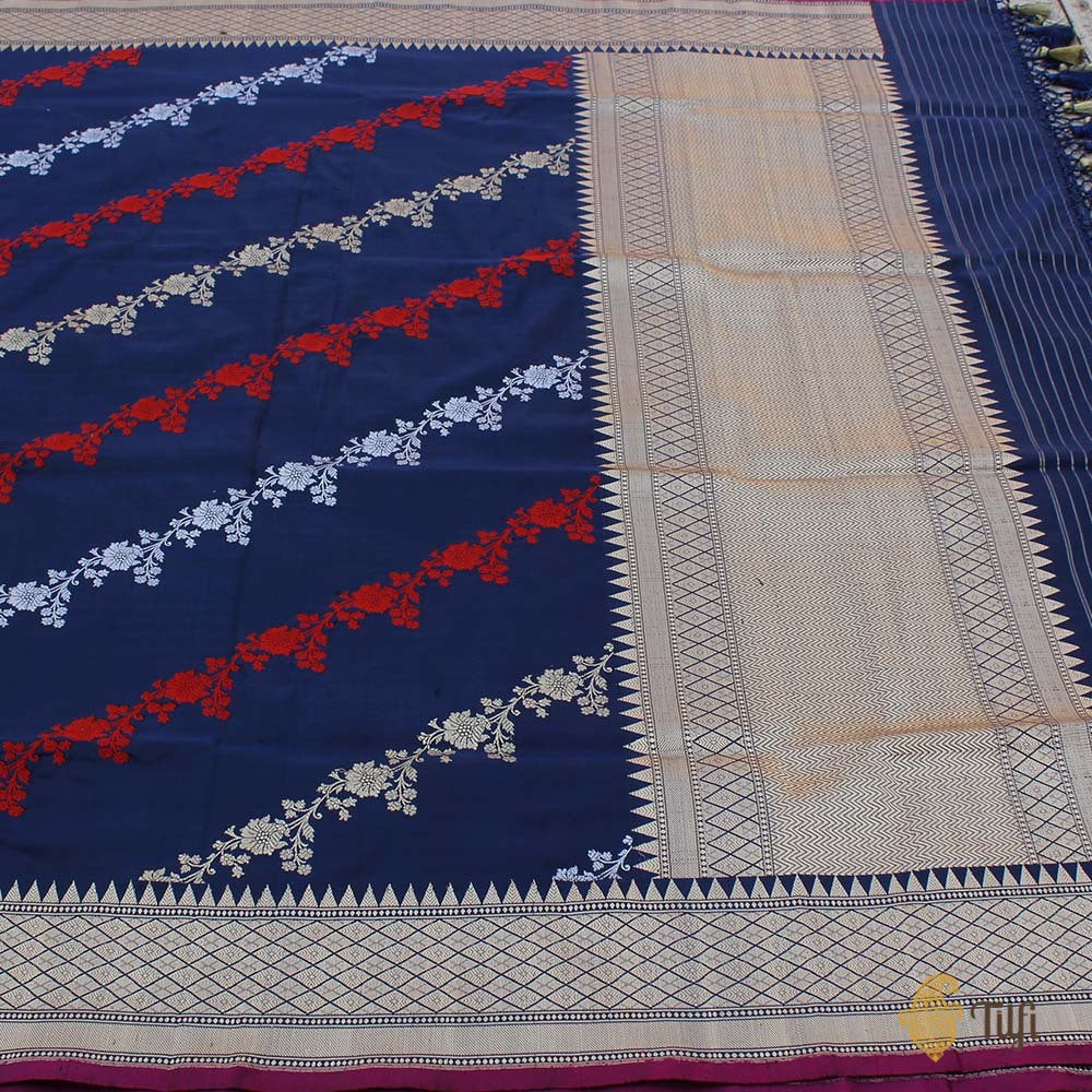 Navy Blue Pure Katan Silk Banarasi Handwoven Dupatta