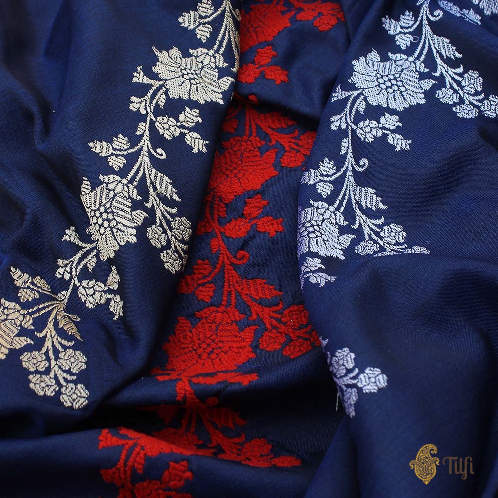 Navy Blue Pure Katan Silk Banarasi Handwoven Dupatta