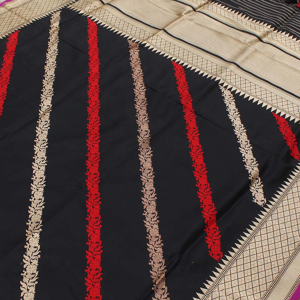 Black Pure Katan Silk Banarasi Handwoven Dupatta