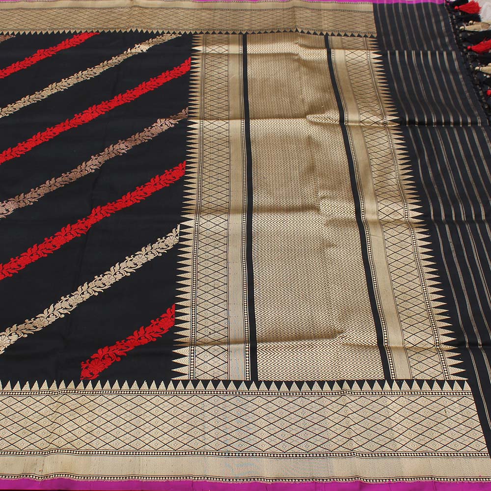 Black Pure Katan Silk Banarasi Handwoven Dupatta