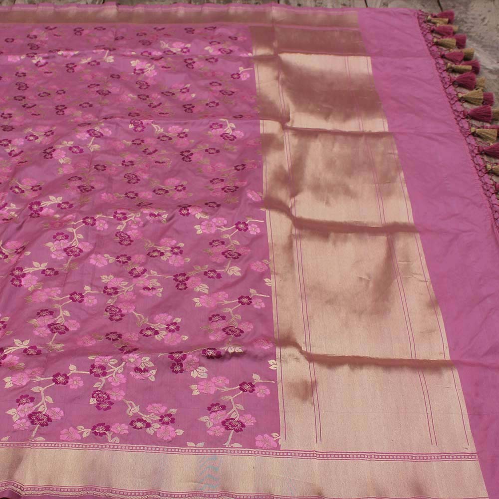 Pink Lavender Pure Katan Silk Banarasi Handloom Dupatta