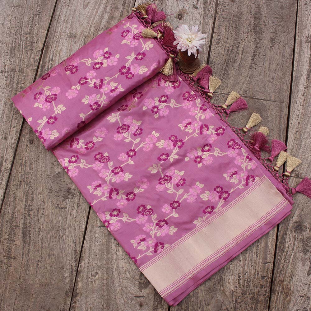 Pink Lavender Pure Katan Silk Banarasi Handloom Dupatta