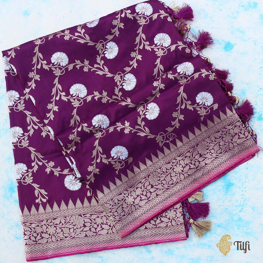 Magenta Pure Katan Silk Banarasi Handloom Dupatta