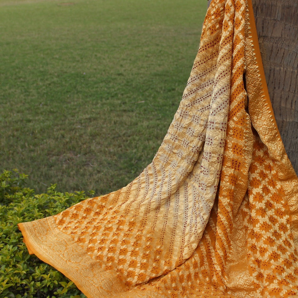 Cream-Yellow Pure Georgette Banarasi Handloom Bandhani Dupatta