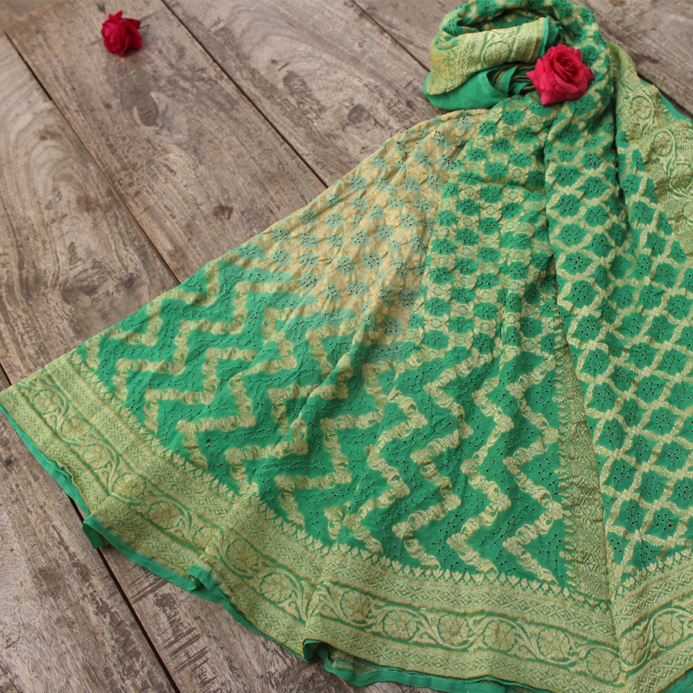 Cream-Sea Green Pure Georgette Banarasi Handloom Bandhani Dupatta