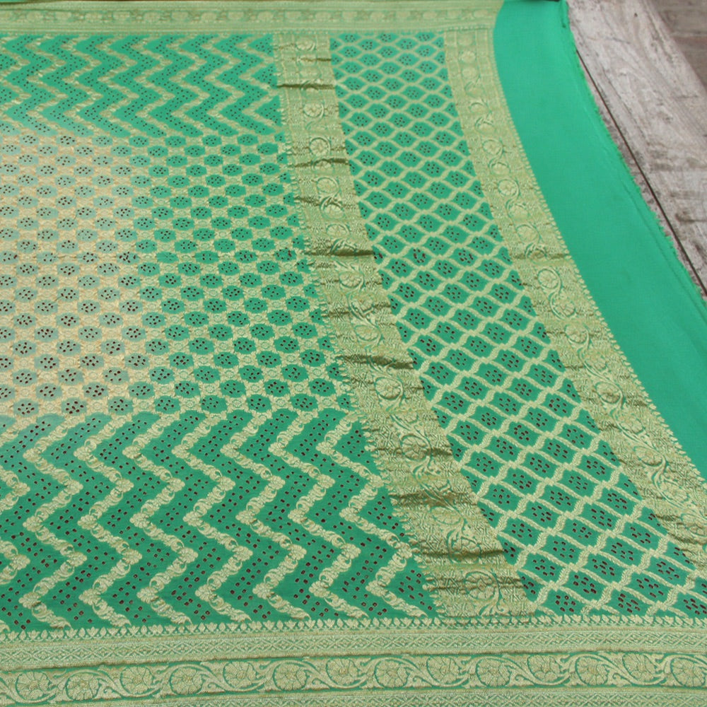 Cream-Sea Green Pure Georgette Banarasi Handloom Bandhani Dupatta