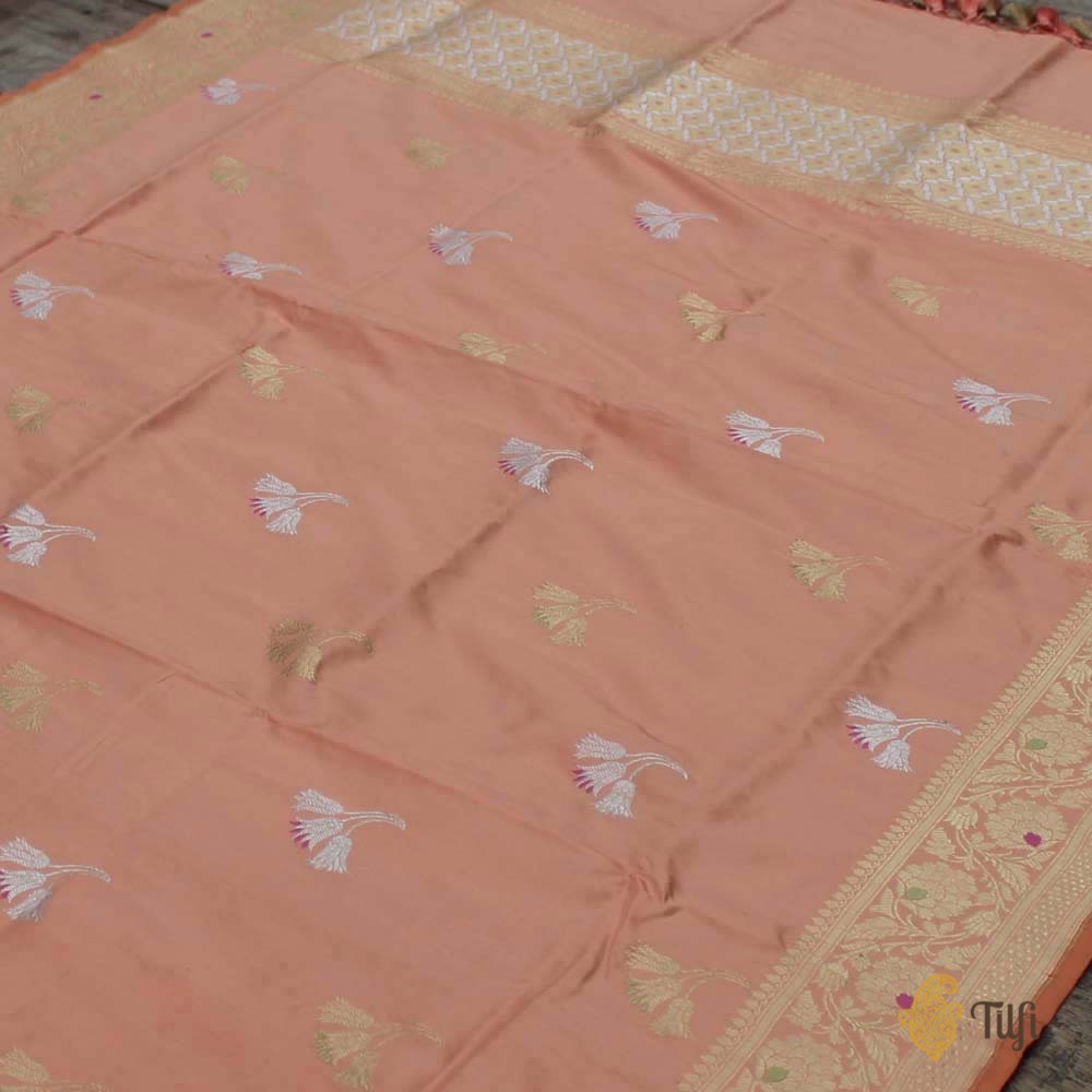 Peach Pure Katan Silk Banarasi Handloom Dupatta