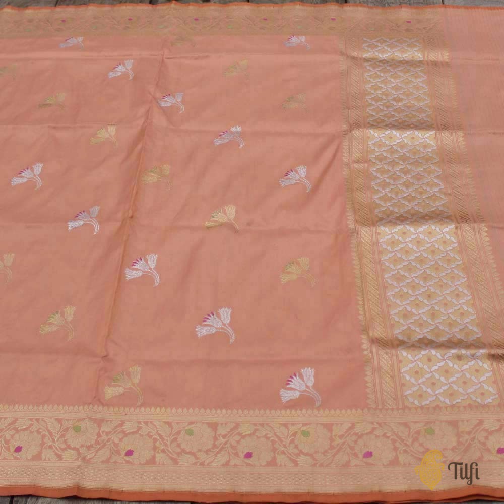 Peach Pure Katan Silk Banarasi Handloom Dupatta