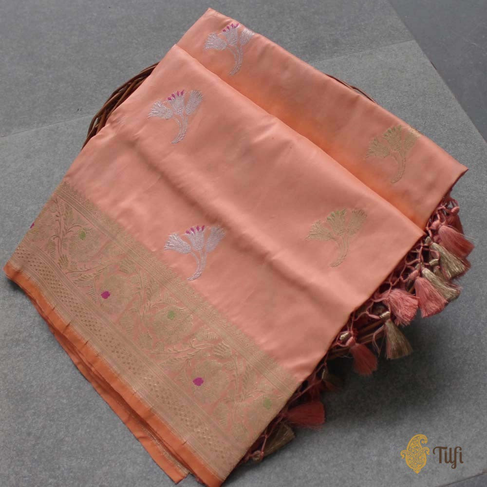 Peach Pure Katan Silk Banarasi Handloom Dupatta