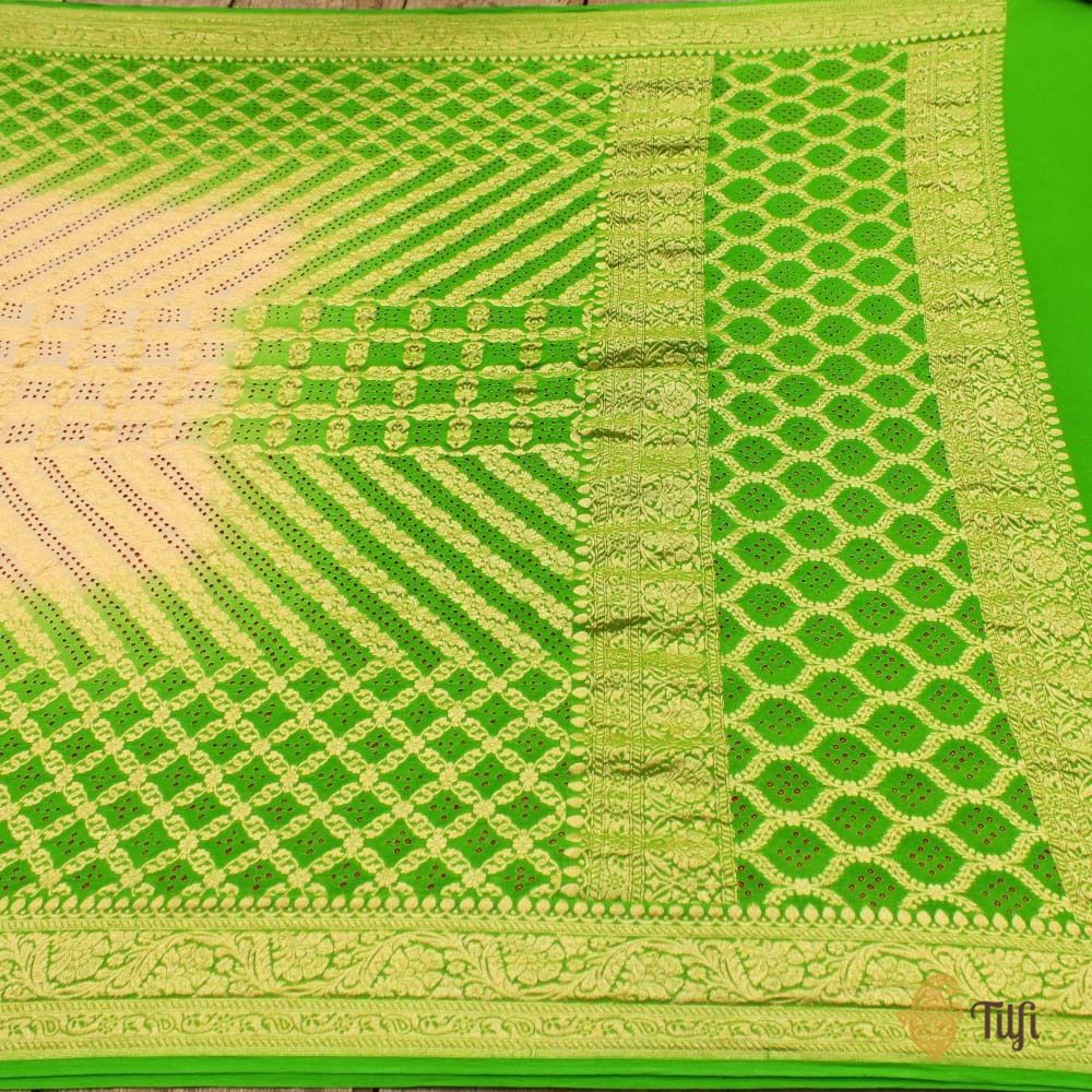 Off-White - Parrot Green Pure Georgette Banarasi Handloom Bandhani Dupatta