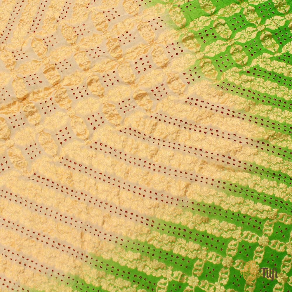 Off-White - Parrot Green Pure Georgette Banarasi Handloom Bandhani Dupatta