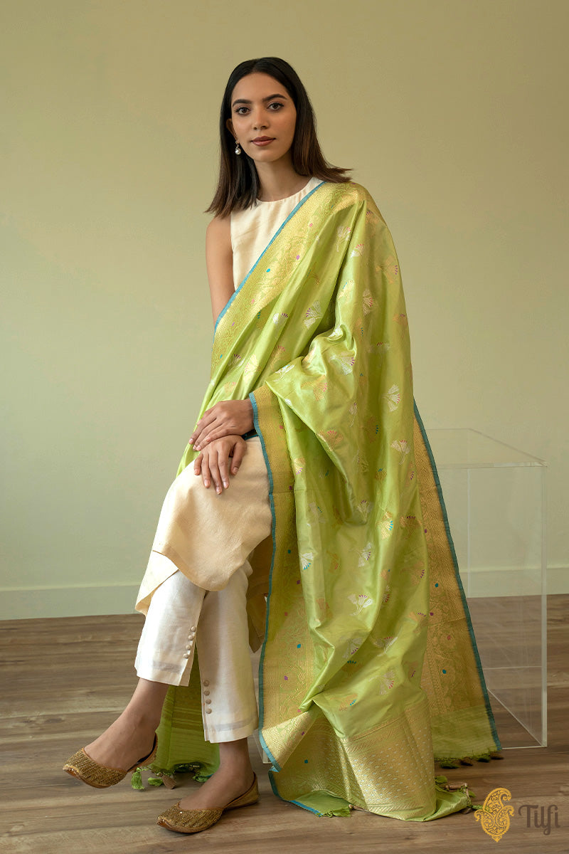 Pista Green Pure Katan Silk Banarasi Handloom Dupatta