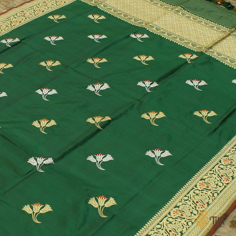 Bottle Green Pure Katan Silk Banarasi Handloom Dupatta