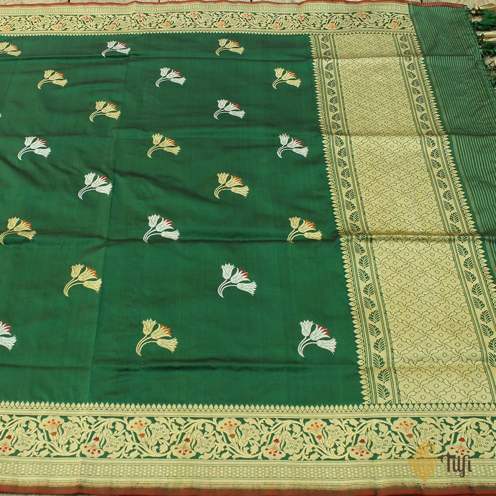 Bottle Green Pure Katan Silk Banarasi Handloom Dupatta