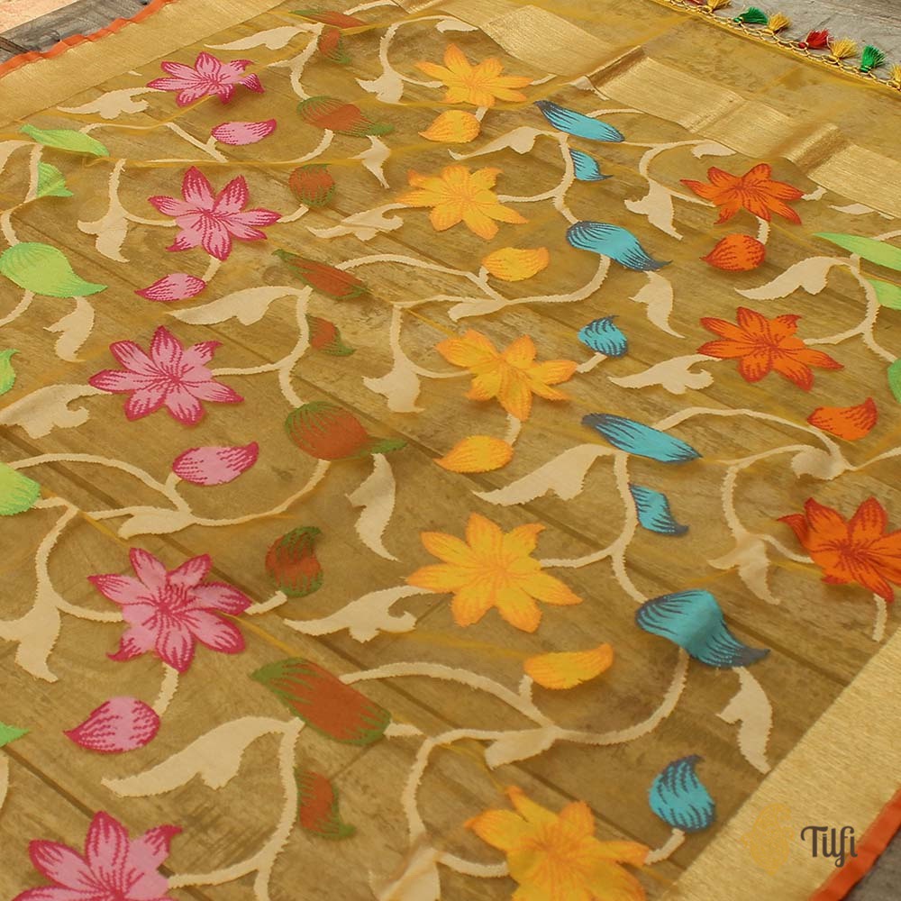 Yellow Pure Kora Net Banarasi Handloom Dupatta