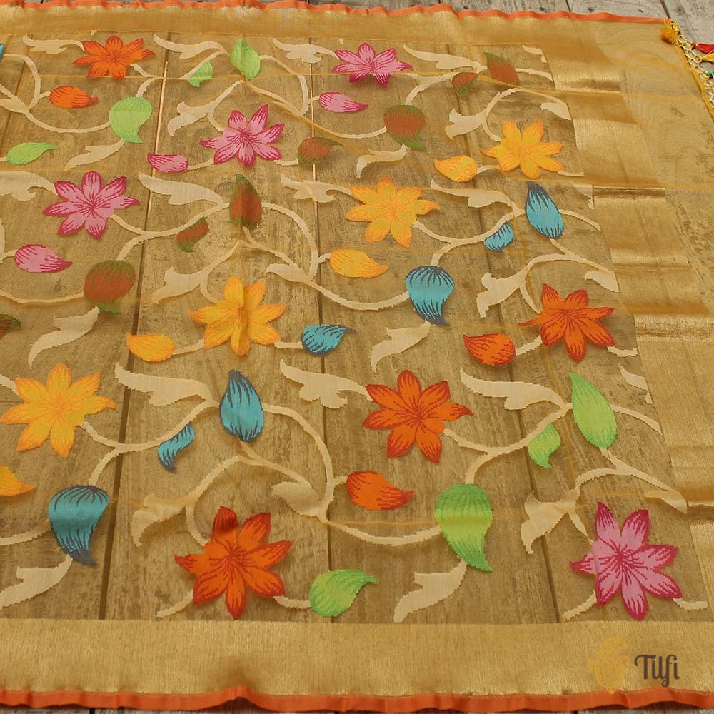 Yellow Pure Kora Net Banarasi Handloom Dupatta