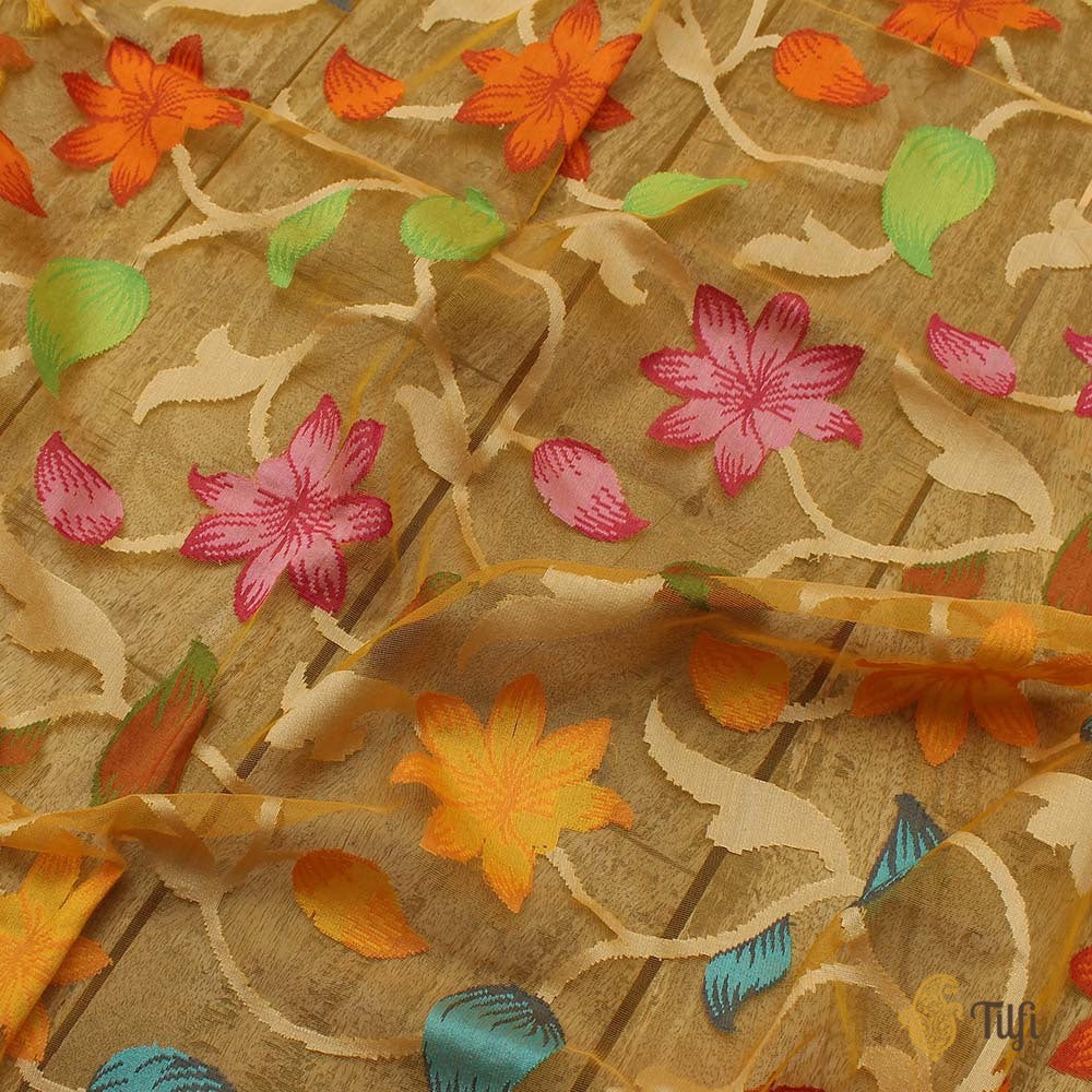 Yellow Pure Kora Net Banarasi Handloom Dupatta