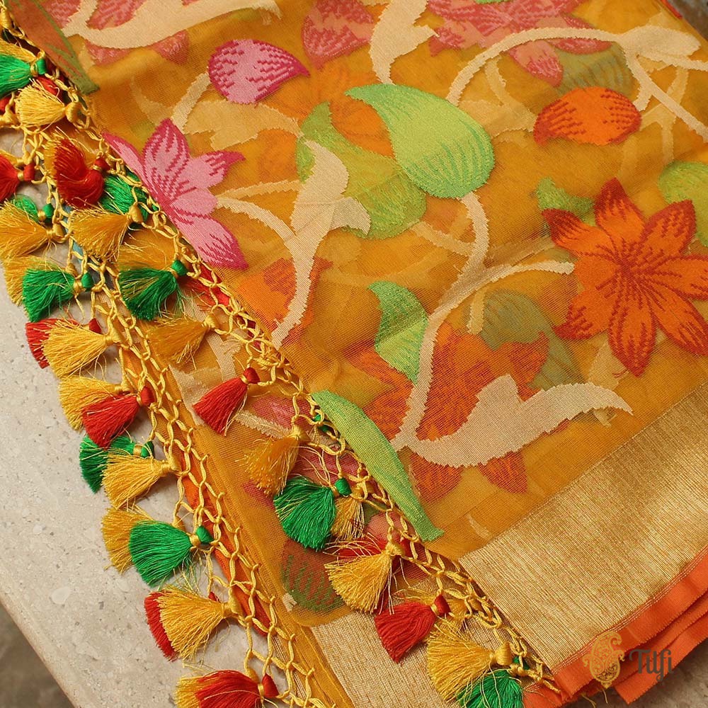 Yellow Pure Kora Net Banarasi Handloom Dupatta