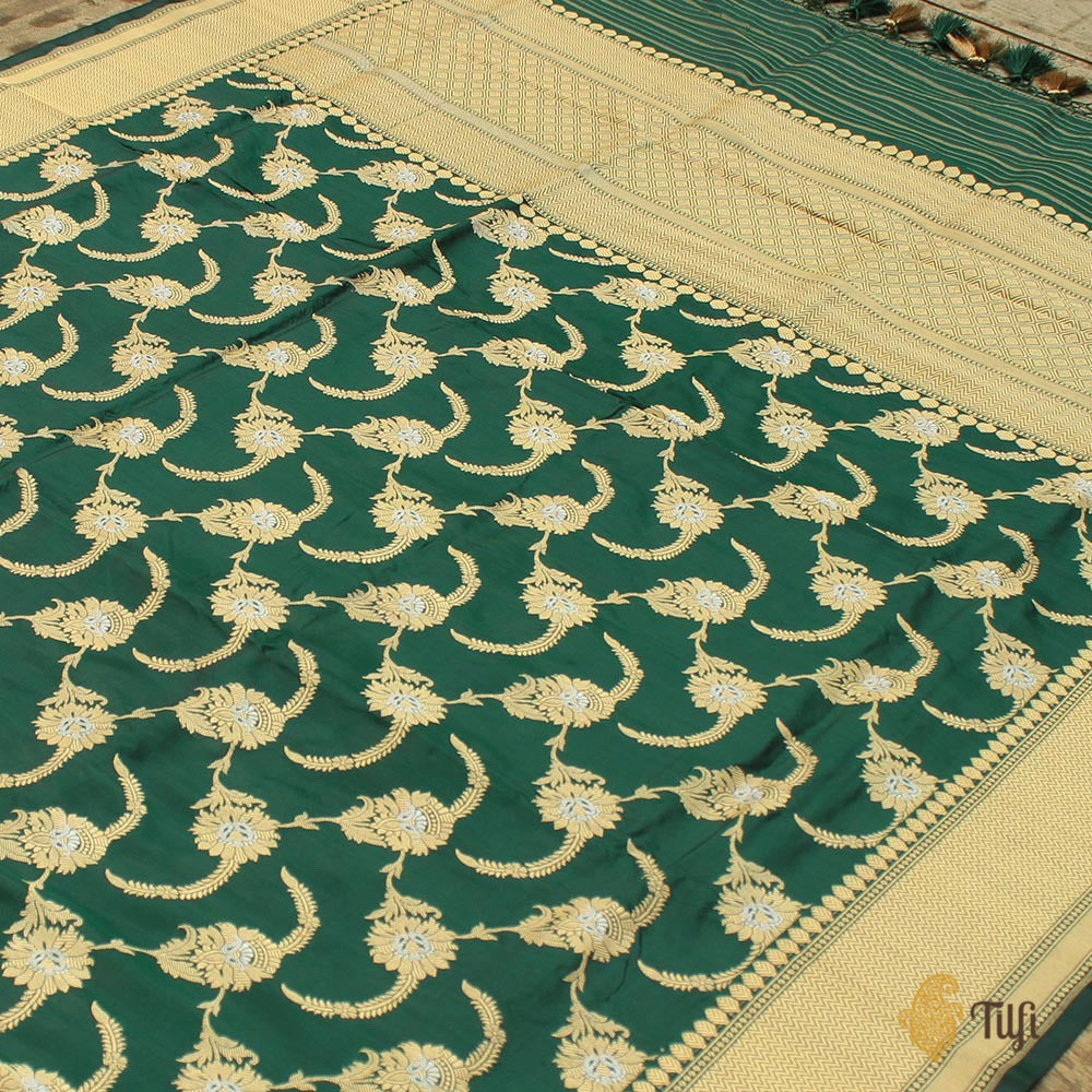 Bottle Green Pure Katan Silk Kadwa Jangla Handloom Dupatta