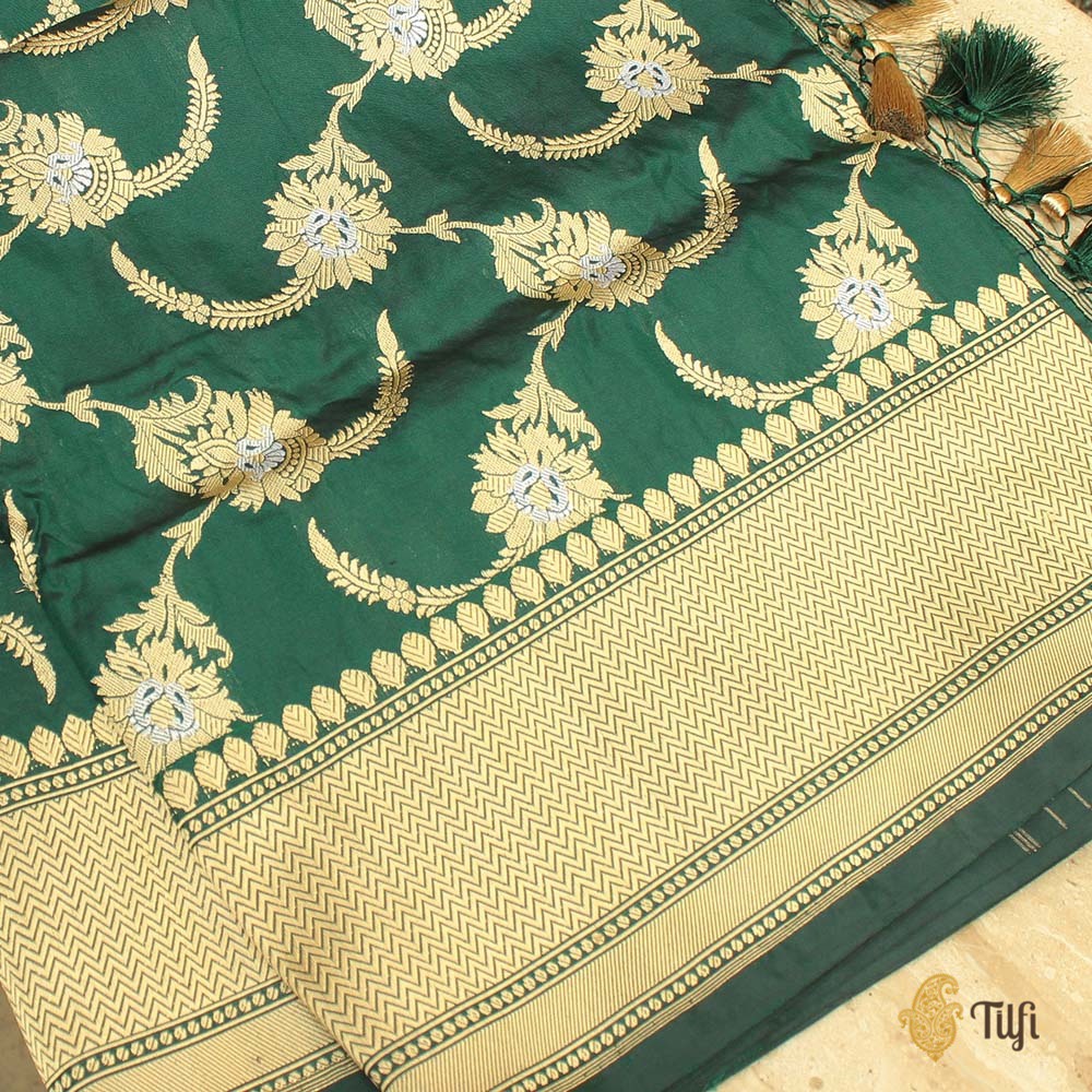 Bottle Green Pure Katan Silk Kadwa Jangla Handloom Dupatta