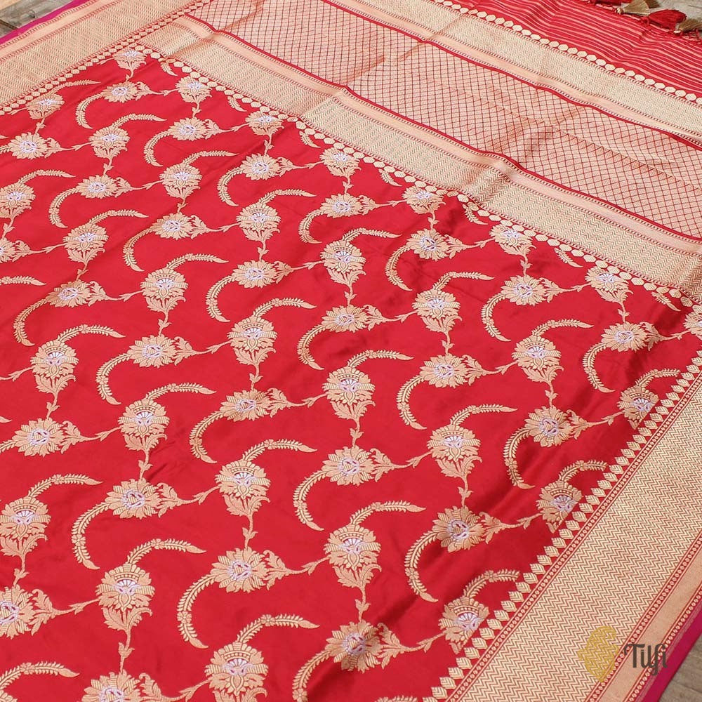 Red Pure Katan Silk Kadwa Jangla Handloom Dupatta