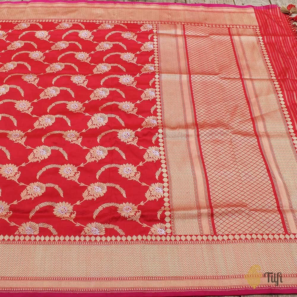 Red Pure Katan Silk Kadwa Jangla Handloom Dupatta