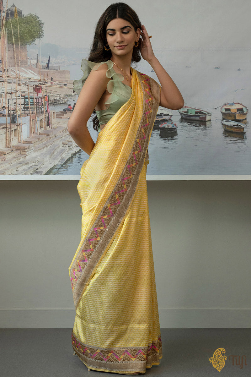 Off-White-Yellow Pure Katan Silk Banarasi Handloom Saree