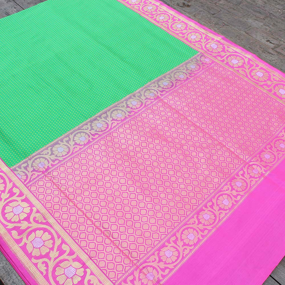 Parrot Green-Pink Pure Katan Silk Banarasi Handloom Saree