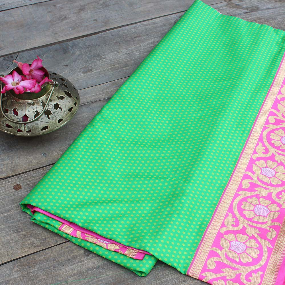 Parrot Green-Pink Pure Katan Silk Banarasi Handloom Saree - Tilfi