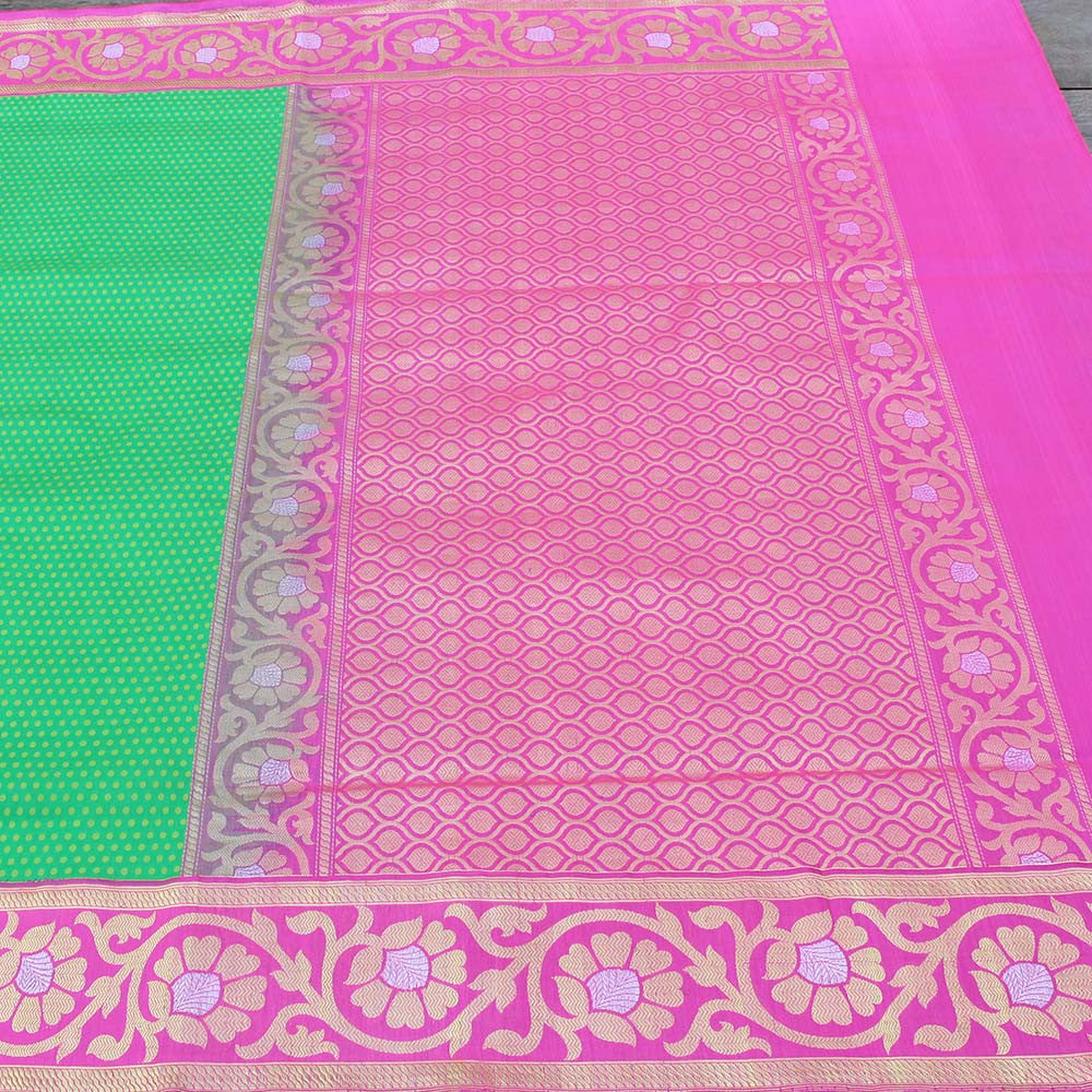 Parrot Green-Pink Pure Katan Silk Banarasi Handloom Saree - Tilfi