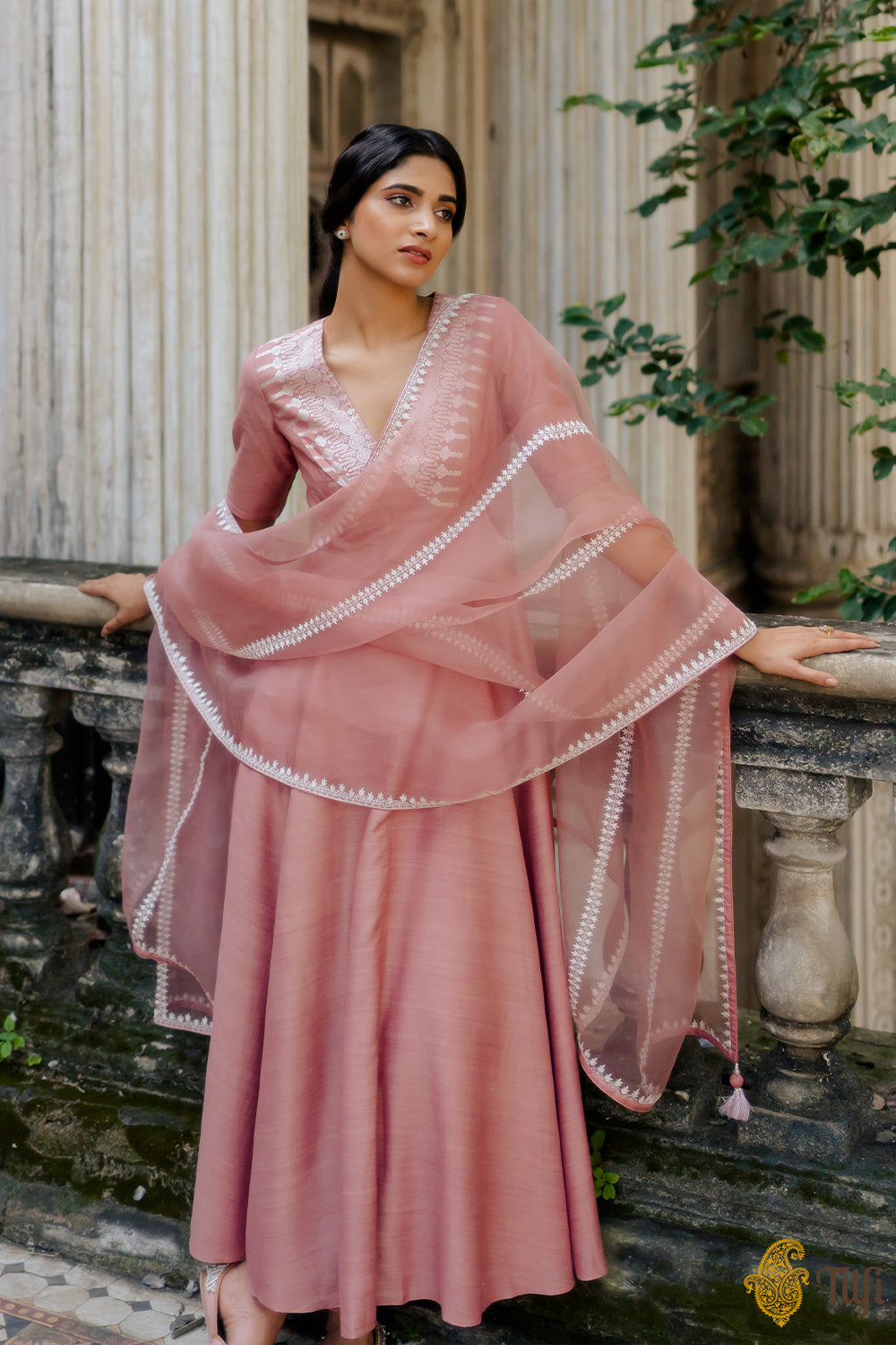 Rose Pink Pure Monga Silk Handwoven Anarkali Set with Hand-embroidered Dupatta Rose Pink Pure Monga Silk Handwoven Anarkali Set with Hand-embroidered Dupatta