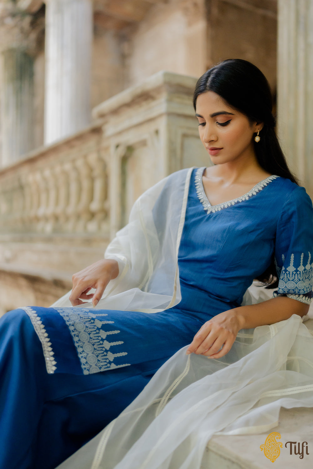 Royal Blue Pure Monga Silk Suit Set with Organza Dupatta Royal Blue Pure Monga Silk Suit Set with Organza Dupatta