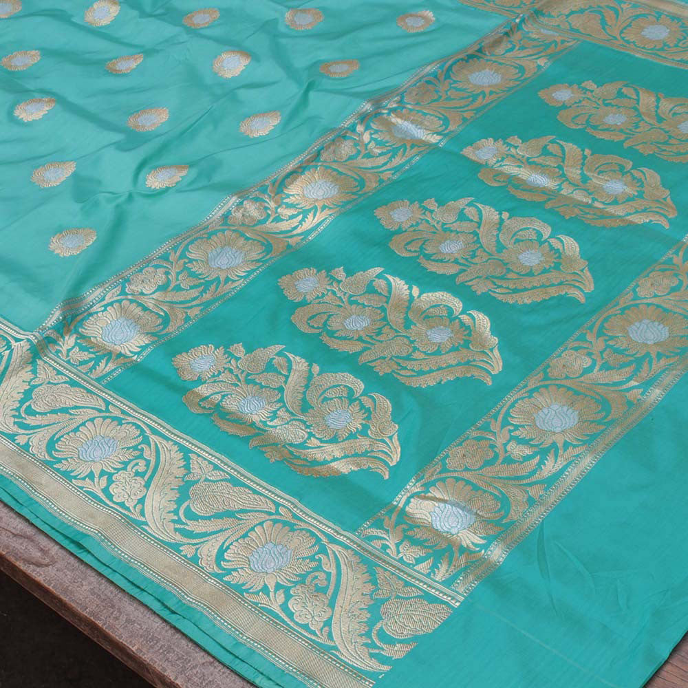 Ferozi Green Pure Katan Silk Banarasi Handloom Saree - Tilfi