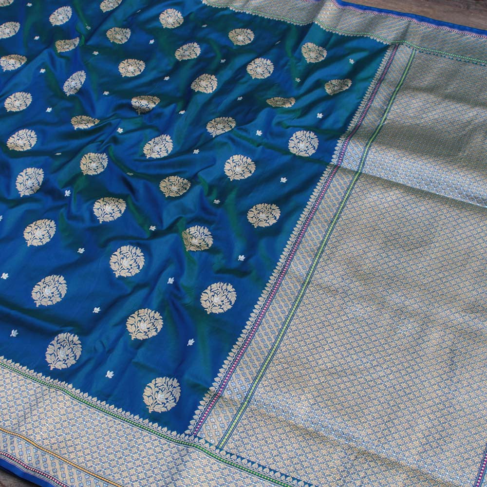Blue-Green Pure Katan Silk Banarasi Handloom Saree - Tilfi