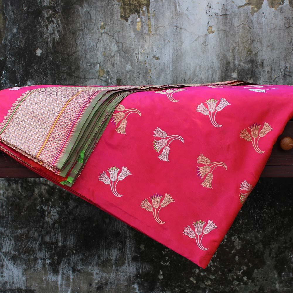 Pink-Orange Pure Katan Silk Banarasi Handloom Saree - Tilfi