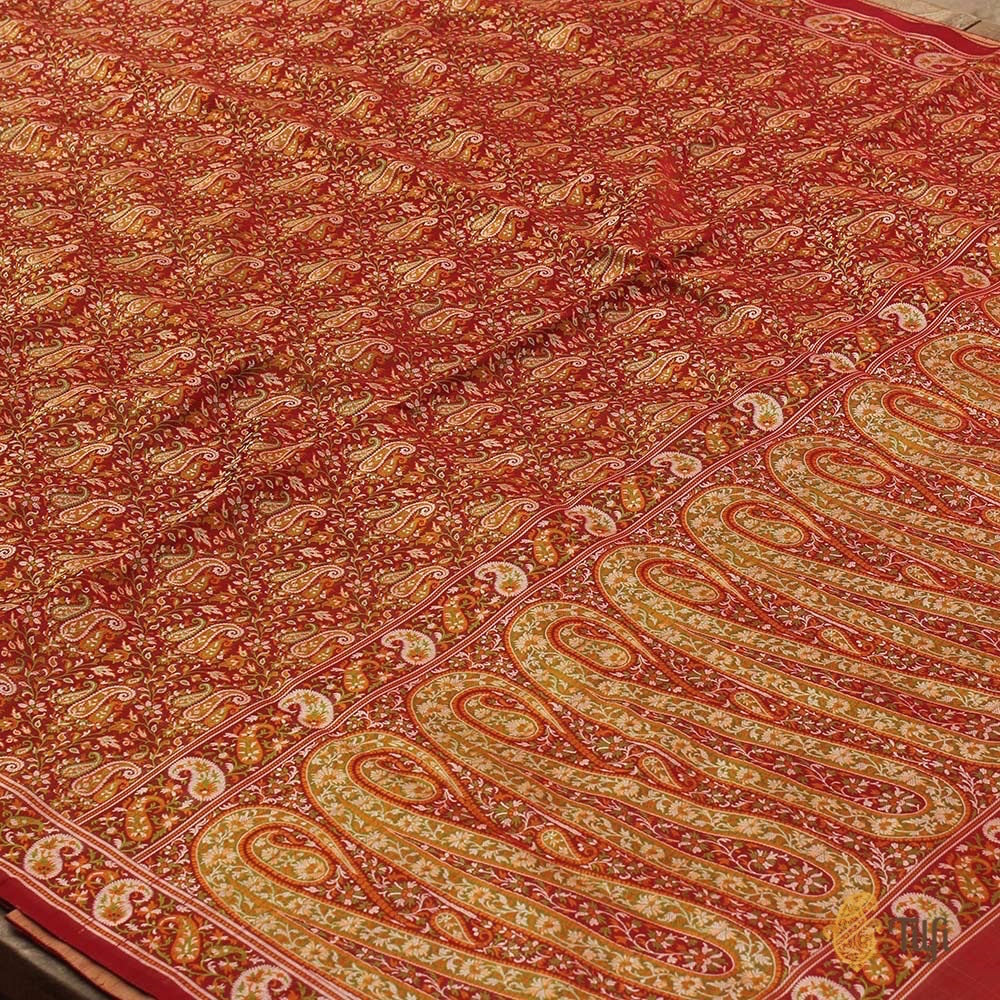 Maroon Pure Soft Satin Silk Tanchoi Jamawar Banarasi Handloom Saree