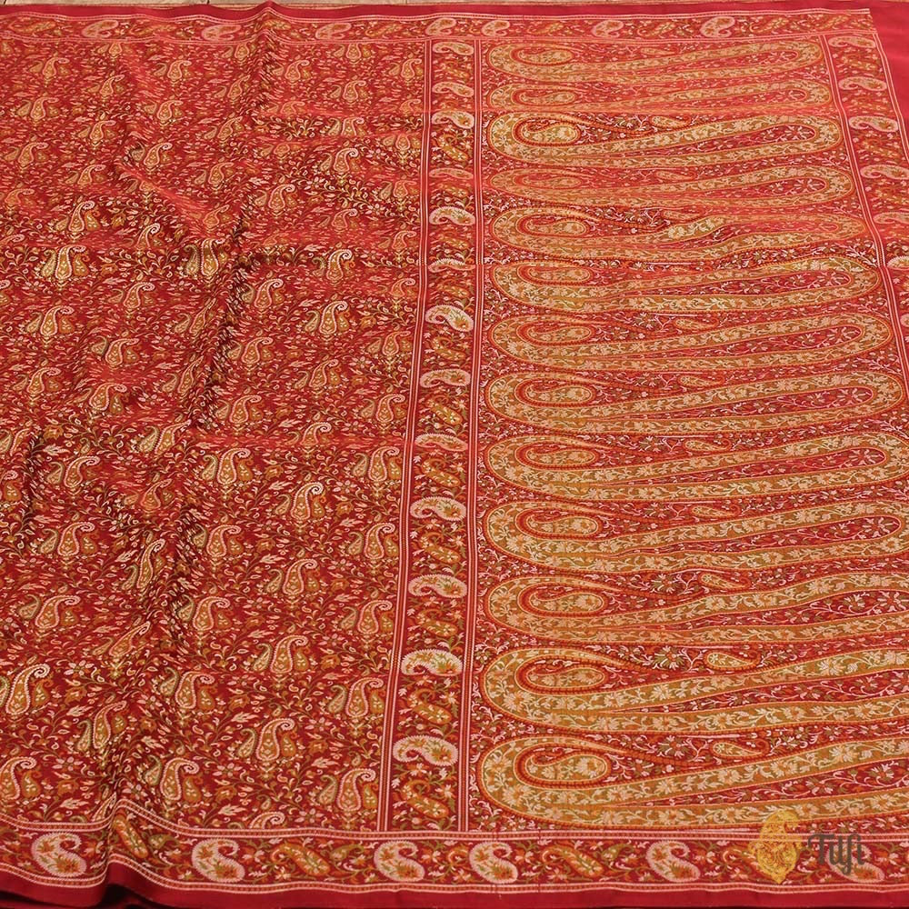 Maroon Pure Soft Satin Silk Tanchoi Jamawar Banarasi Handloom Saree