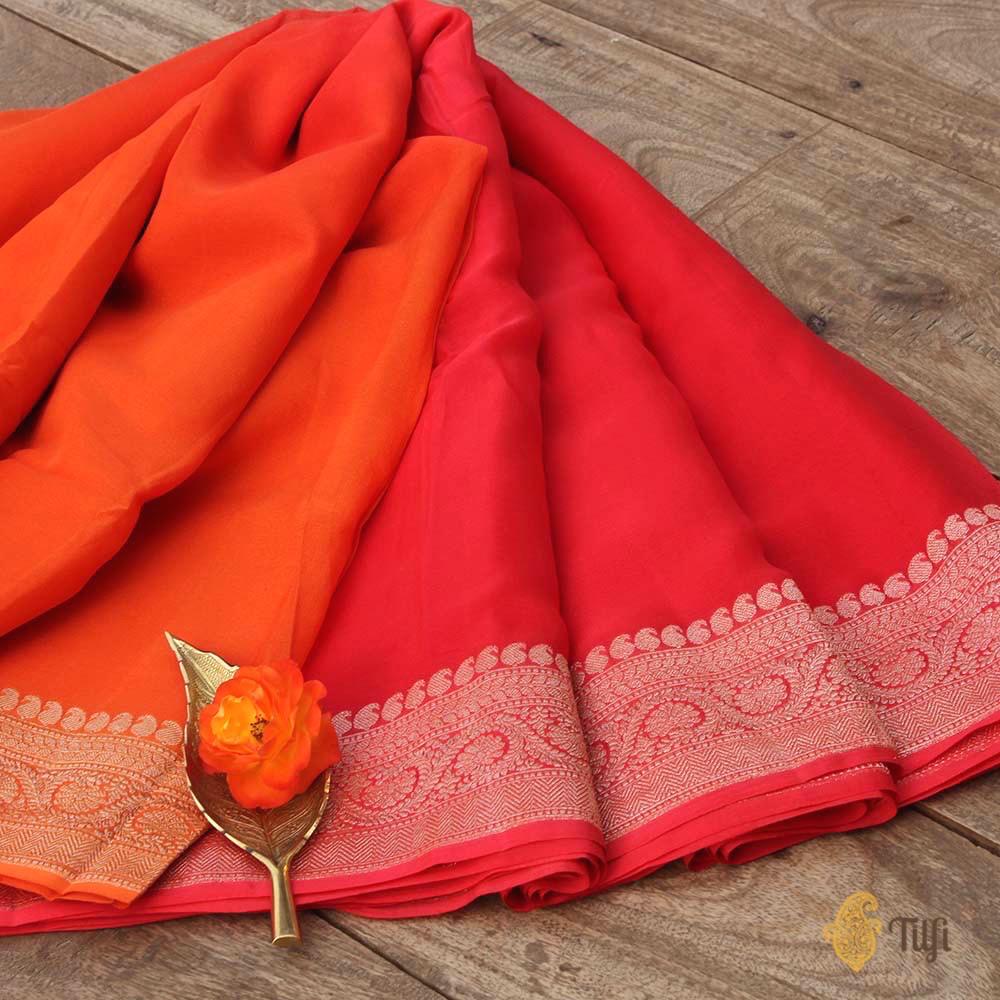 Orange-Red Ombr√© Pure Chiffon Georgette Banarasi Handloom Saree