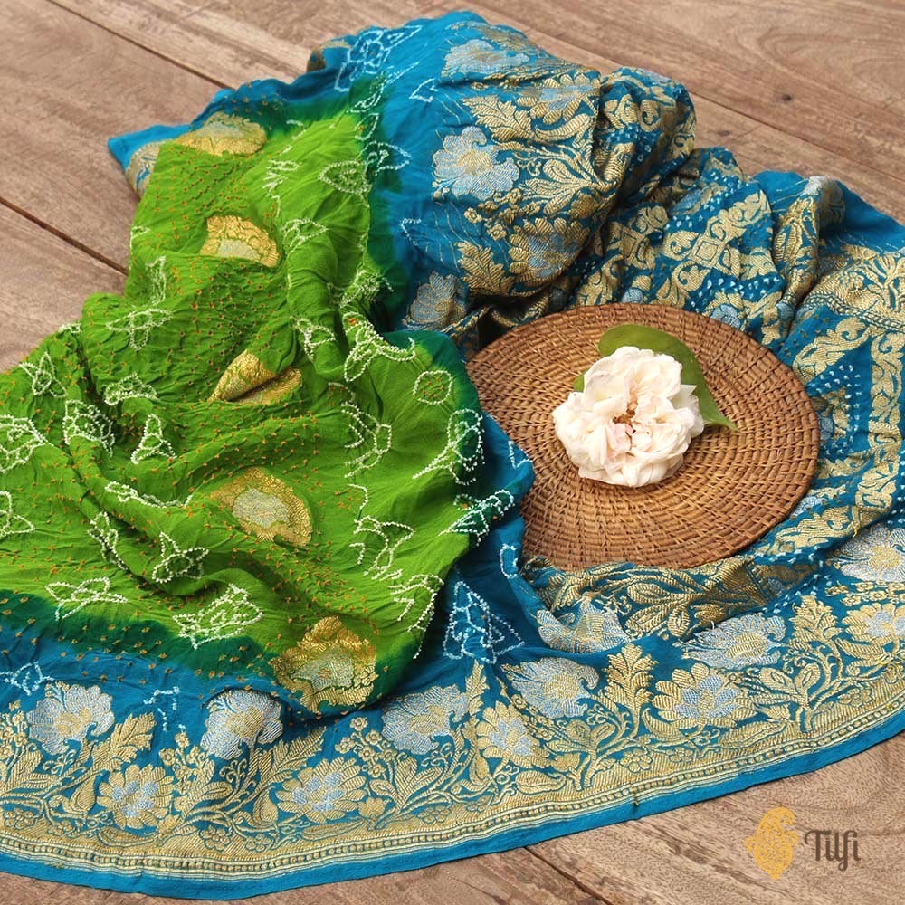 Parrot Green-Blue Pure Georgette Banarasi Bandhani Handloom Saree