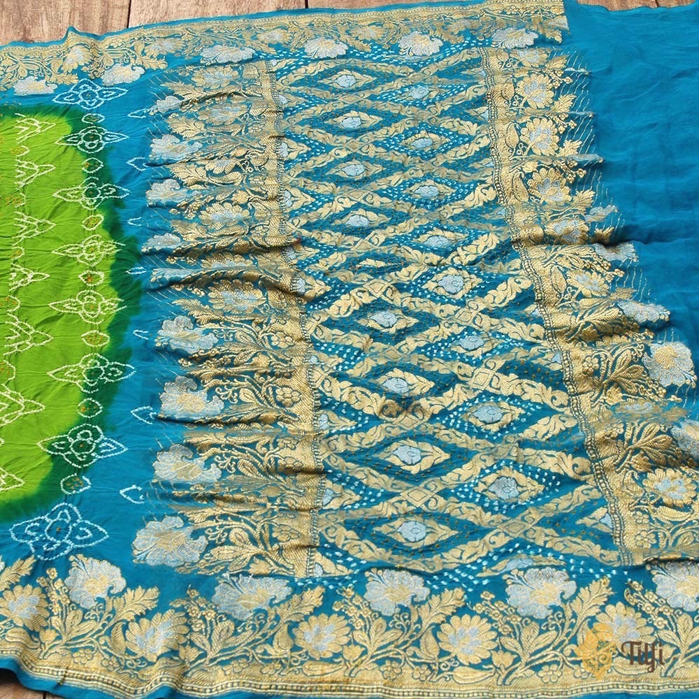 Parrot Green-Blue Pure Georgette Banarasi Bandhani Handloom Saree