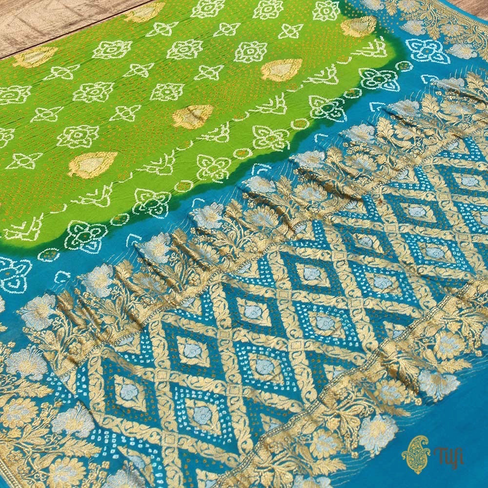 Parrot Green-Blue Pure Georgette Banarasi Bandhani Handloom Saree